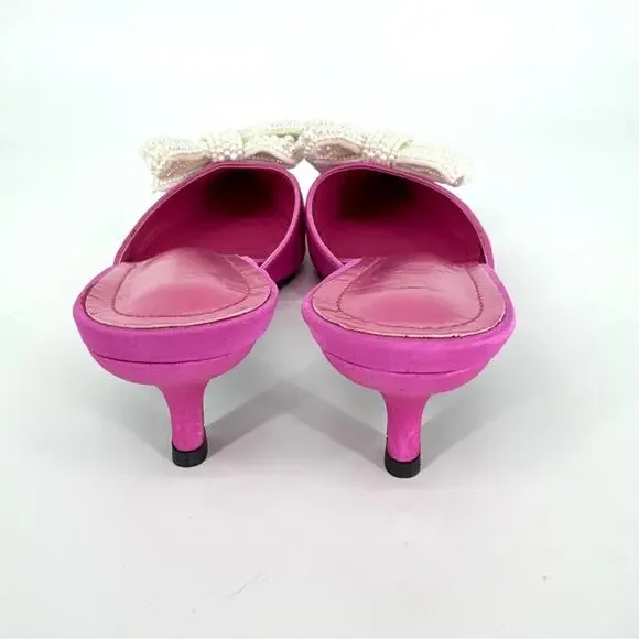 Bright Pink Satin Kitten Heel Mules with Pearl Bow Size 39 - Picture 4 of 8